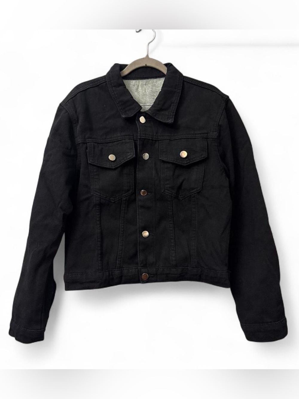 Women's Black  Fleece Lined Denim Jean Jacket with Pockets